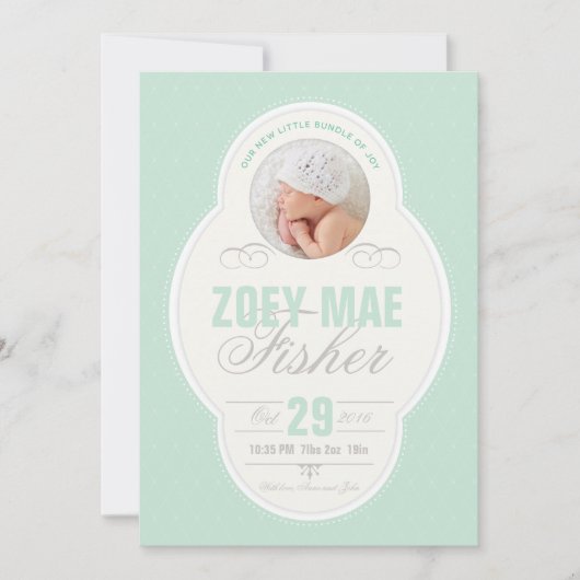 Baby Girl  Lijst geboorteaankondiging - Mint Aankondiging (Voorkant)