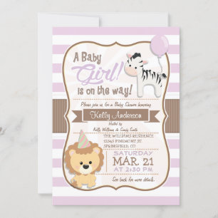Baby Girl Lion & Zebra Pastel Paars Baby shower Kaart