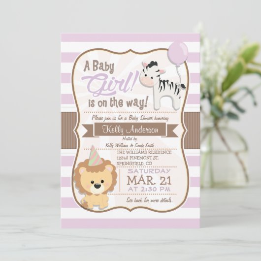Baby Girl Lion & Zebra Pastel Paarse Baby shower Kaart (Staand voorkant)