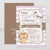 Baby Girl Lion & Zebra Pastel Paarse Baby shower Kaart (Voorkant / Achterkant)