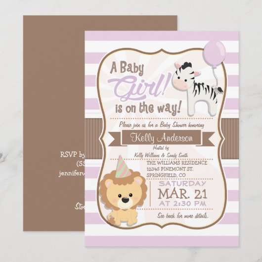 Baby Girl Lion & Zebra Pastel Paarse Baby shower Kaart (Voorkant / Achterkant)