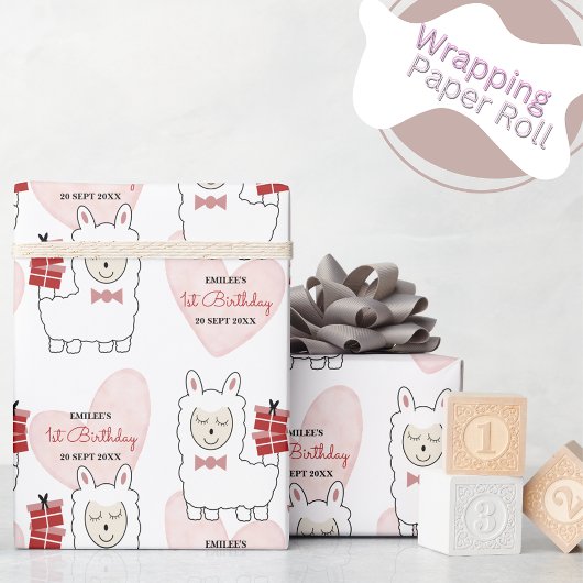 Baby Girl Llamas en Roze hart Cadeaupapier