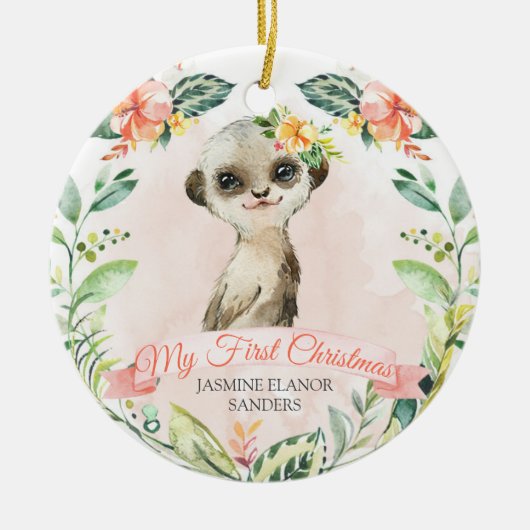 Baby Girl Meerkat First Kerstvakanay Keepslag Keramisch Ornament (Voorkant)