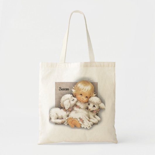 Baby girl met lammeren - naam Canvas tas (Voorkant)
