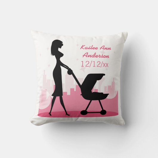 Baby Girl Metro Geboortedatum Aankondiging Roze St Kussen (Voorkant)