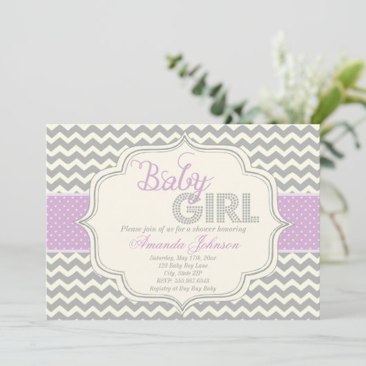 Baby Girl Mod Chic Chevron Baby shower Invite Kaart (Staand voorkant)