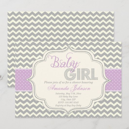 Baby Girl Mod Chic Chevron Baby shower Invite Kaart (Voorkant / Achterkant)