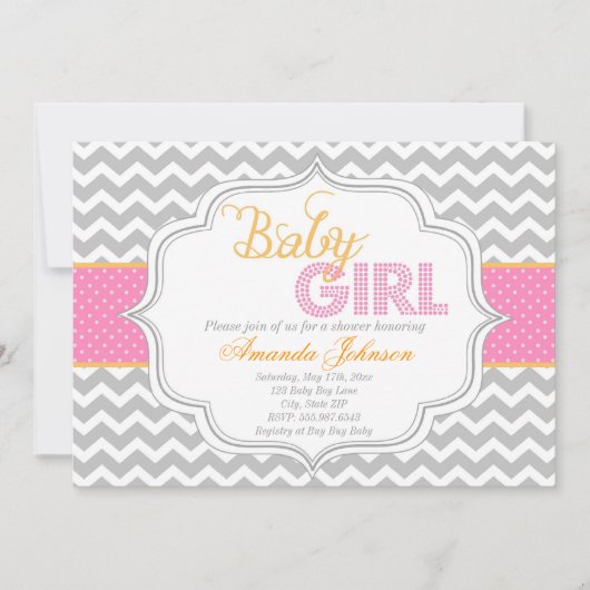 Baby Girl Mod Chic Chevron Baby shower Invite Kaart (Voorkant)