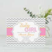 Baby Girl Mod Chic Chevron Baby shower Invite Kaart (Staand voorkant)