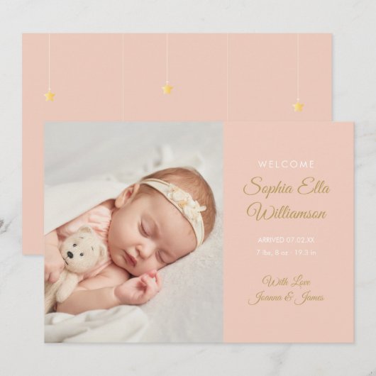 Baby Girl Modern Gold Script Photo Birth Aankondiging (Voorkant / Achterkant)