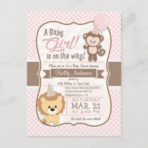 Baby Girl Monkey en Lion Pastel Baby shower Uitnodiging Briefkaart