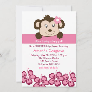 BABY GIRL Monkey Hibiscus Flower 5x7 Baby shower Kaart