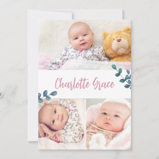 Baby Girl name Eucalyptus en Roze aangepaste foto' Bedankkaart (Voorkant)