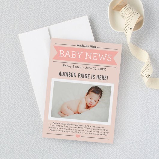 Baby Girl News Modern Blush Pink Foto geboorte Aankondiging