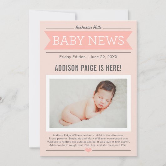 Baby Girl News Modern Blush Pink Foto geboorte Aankondiging (Voorkant)