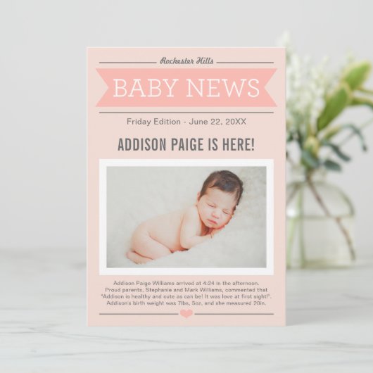 Baby Girl News Modern Blush Pink Foto geboorte Aankondiging (Staand voorkant)