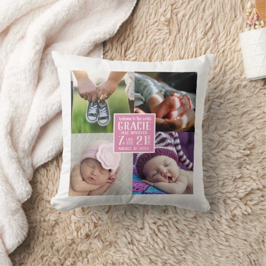 Baby Girl Nursery Photo Collage Birth Stats Kussen (Deken)