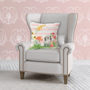 Baby Girl Nursery Rabbit Floral Birth Stats Name Kussen