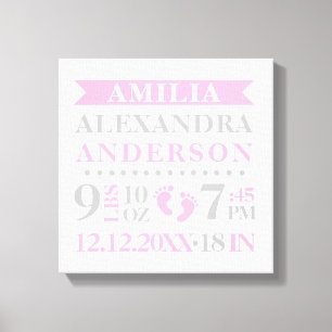 Baby Girl Nursery Room Birth Stats Keepslag Canvas Afdruk