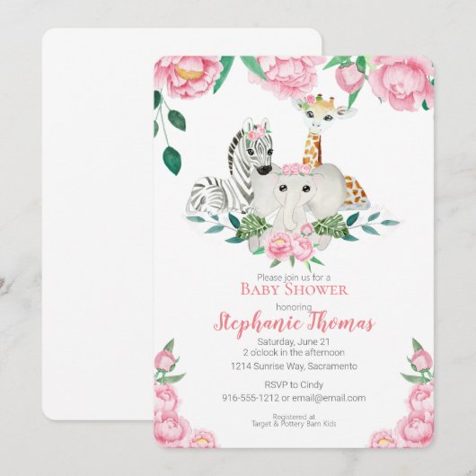 Baby Girl Oerwouden Dieren Showuitnodiging Kaart (Voorkant / Achterkant)