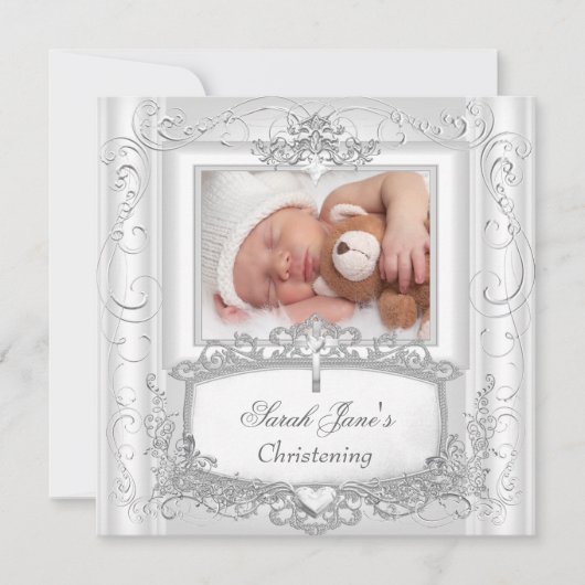 Baby Girl of Boy Christening Baptism Silver White Aankondiging (Voorkant)