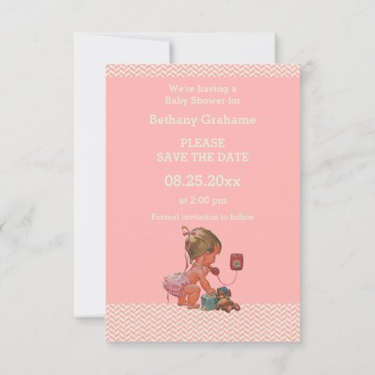 Baby Girl on Phone Baby shower Save the Date (Achterkant)