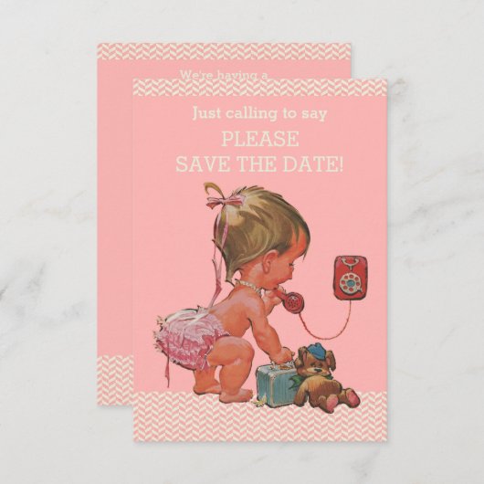 Baby Girl on Phone Baby shower Save the Date (Voorkant / Achterkant)