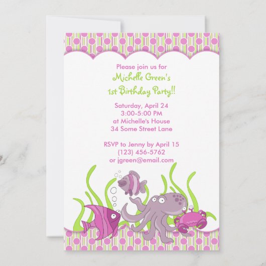 Baby Girl onder Zee Birthday-uitnodiging Kaart (Achterkant)