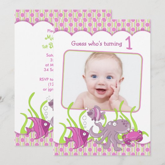 Baby Girl onder Zee Birthday-uitnodiging Kaart (Voorkant / Achterkant)