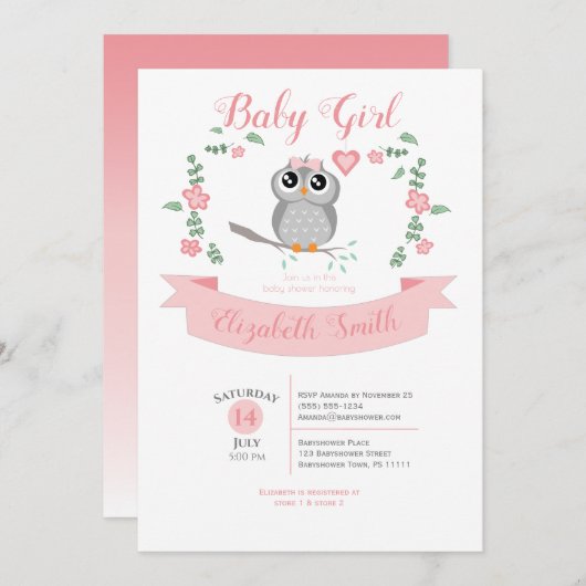 Baby Girl owl bear babyshower Kaart (Voorkant / Achterkant)