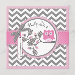 Baby Girl Owl Chevron Print Baby shower Kaart