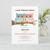 Baby Girl Owl Sip en zie Shower Invitation Kaart (Staand voorkant)
