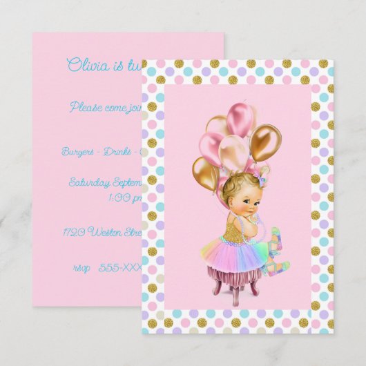  Baby Girl Pastel Glitter Party Kaart (Voorkant / Achterkant)