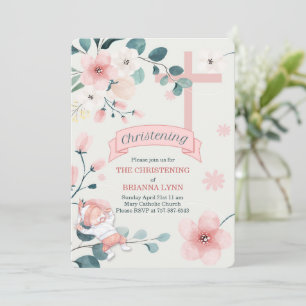 Baby Girl Peach Blossom en Blauwgroen Christening Kaart