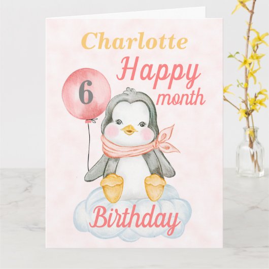 Baby Girl Penguin 6-maandenlang Big Card Kaart (Gele Bloem)