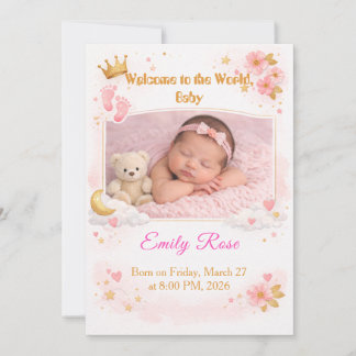 Baby Girl Photo Announcement Card Pink Floral Kaart
