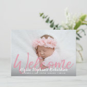Baby Girl Pink 1 Foto Welkom geboorteaankondiging Kaart (Staand voorkant)
