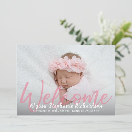Baby Girl Pink 1 Foto Welkom geboorteaankondiging Kaart (Staand voorkant)