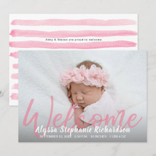 Baby Girl Pink 1 Foto Welkom geboorteaankondiging Kaart