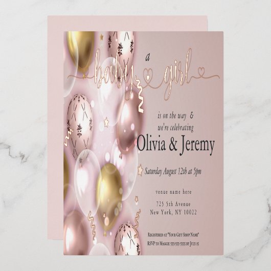 Baby Girl Pink-ballonnen Baby shower Folie Uitnodiging (Voorkant / Achterkant)