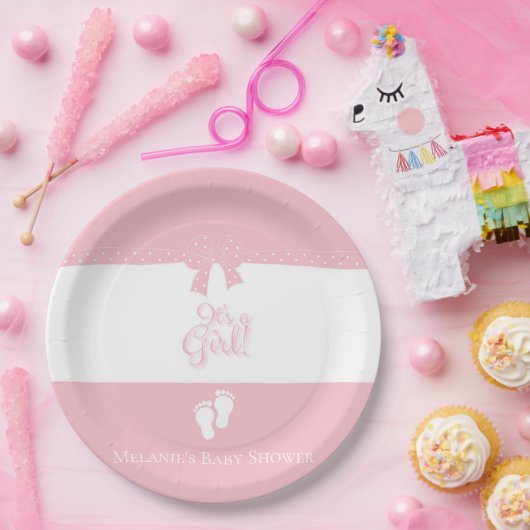 Baby Girl Pink Bows & Little Feet Custom Papieren Bordje (Feest)