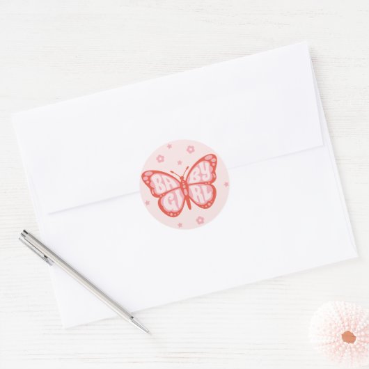 Baby Girl Pink Butterfly Baby shower Confetti Ronde Sticker (Envelop)