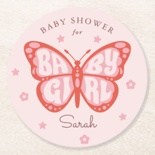 Baby Girl Pink Butterfly Baby shower Ronde Kartonnen Onderzetter