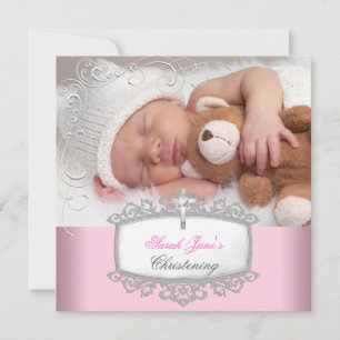 Baby Girl Pink Christening Baptisme Cross White Aankondiging