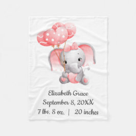 Baby Girl Pink Elephant Balloons Birth Stats Baby Fleece Deken