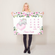 Baby Girl Pink Floral Baby Elephant Milestone Name