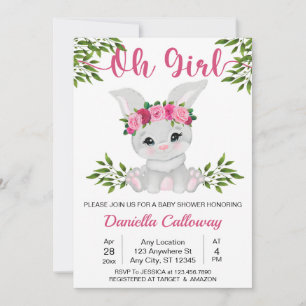 Baby Girl Pink Floral Bunny Baby shower Kaart
