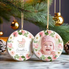 Baby Girl Pink Floral eerste kerstfoto Keramisch Ornament