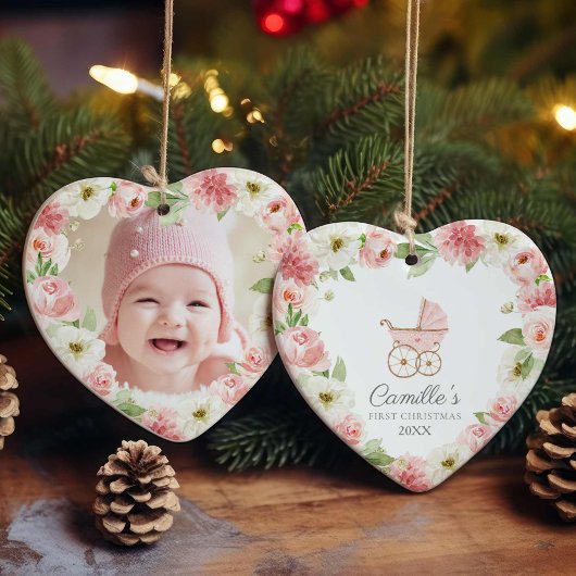 Baby Girl Pink Floral eerste kerstfoto Keramisch Ornament