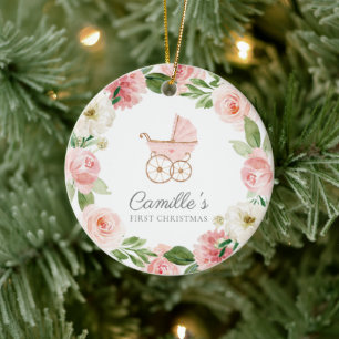 Baby Girl Pink Floral Eerste Kerstversiering Keramisch Ornament